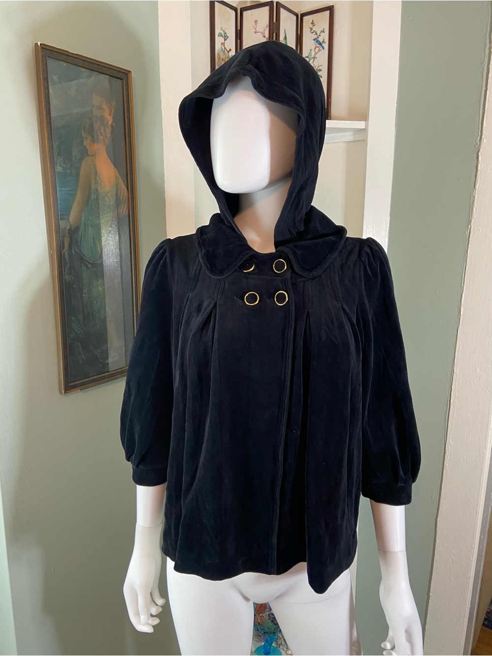 Vintage Y2K Juicy Couture Black Velour Velvet Hooded Mini Opera Jacket Hoodie